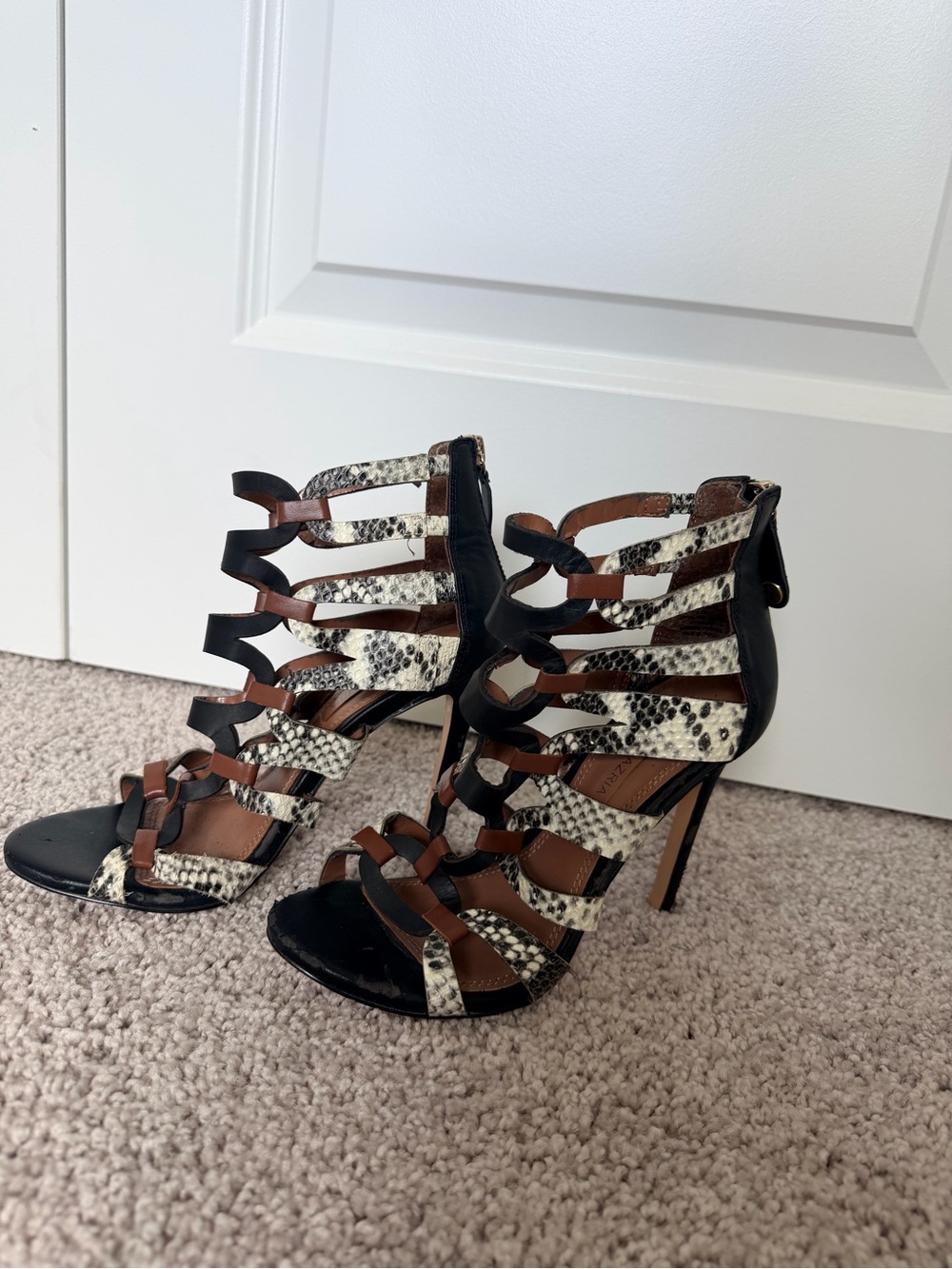BCBGMaxAzria Black, Brown & Snake-Print Strappy Stiletto Sandals